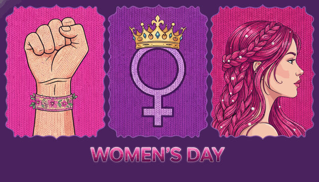 Women's day celebration with empowered female symbols and raised fist