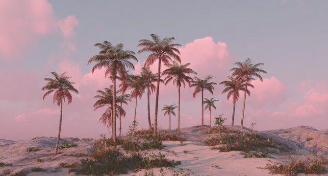 Tropical Island Dreamscape with Pink Sky and Palm Trees.