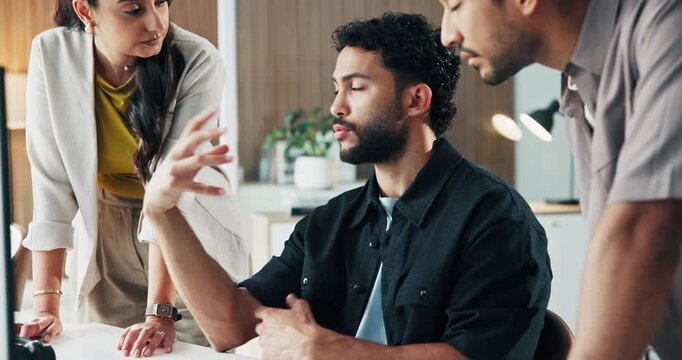 Business, team or advice with computer in office for market shift, explain stock price or trading news. Traders, people and discussion with tech for finance report, investment feedback or cooperation