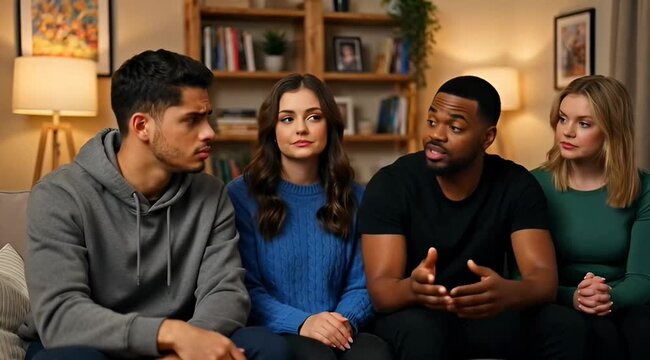 Diverse group of young adults sitting together on a couch looking concerned