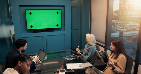 Green screen, virtual meeting and people in boardroom, discussion and presentation for profit...