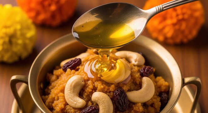 Pouring Ghee on Sheera or Suji Halwa with Dry Fruits in Gold Bowl