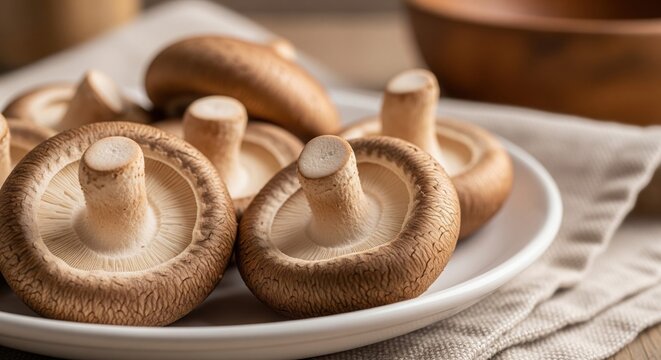 Fresh raw shiitake mushrooms on white plate close up