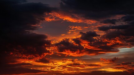 Fiery sunset sky with dramatic dark clouds