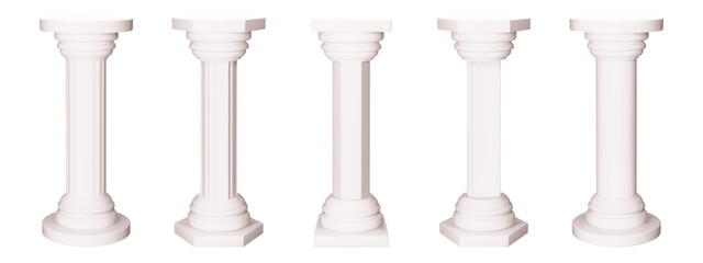 Pillar marble plinth and concrete column. White cylinder base for building. Ancient greek hexagon stone podium with realistic texture 3d render. Isolated vector for museum art exhibition interior.