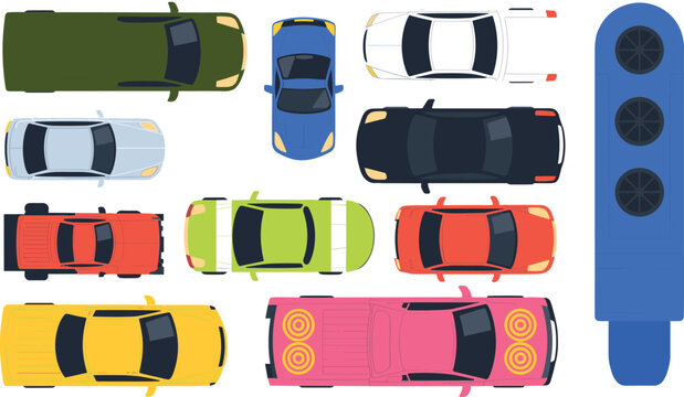 Top view car collection illustration, colorful vehicle assortment set, flat automobile design, isolated white background