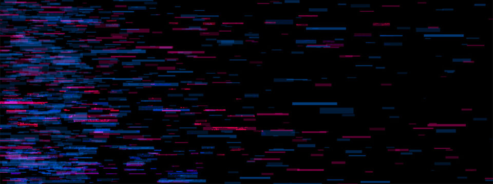 Purple glitch effect. Blue pixel texture with pink noise for computer data design. Video signal error on television. Corrupted tv filter and bug elements. Cyber flicker internet banner template.