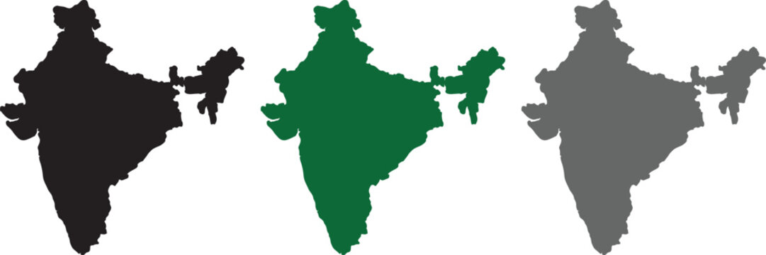 India Map Silhouettes Set: Highly Detailed Black, Green, and Gray Vector Outlines of Indian Geographical Border for Graphic Design, Educational Projects, and Infographics.