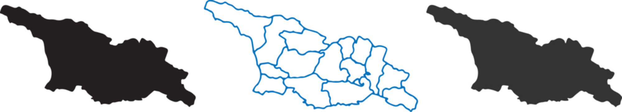 Georgia Map Vector Illustration: Detailed Silhouette, Regional Administrative Borders, and Black Graphic Outlines of the Country of Georgia Set