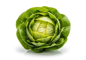 Fototapeta premium Fresh Green Cabbage Head with Tightly Packed Leaves Isolated on White Background, Studio Lighting Highlighting the Vegetable's Texture and Color, Photographed in a Realistic Style for Culina