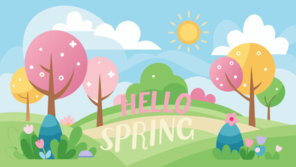 A whimsical landscape with cotton candy clouds and playful characters in a vibrant park setting Vector