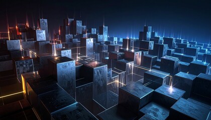 Obraz premium Abstract Cubic Landscape Glowing Data Flow Artificial Intelligence Concept Background.