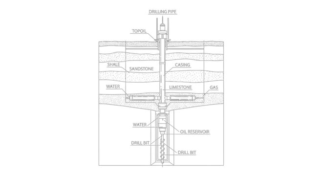 Diagram illustrating the process of oil well drilling through various geological formations.