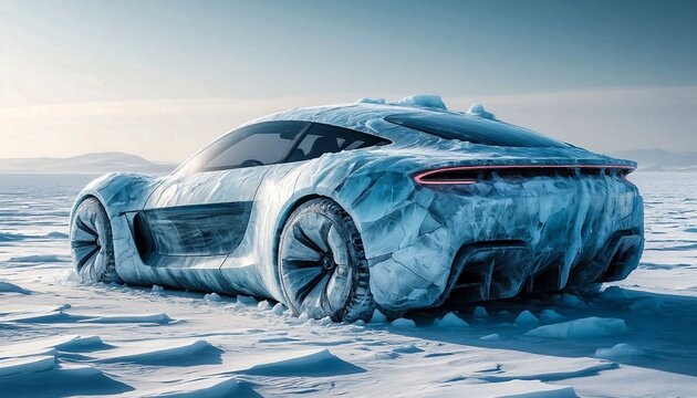 Futuristic car encased in glistening ice formations, set against a vast arctic landscape with crisp blue tones. Sleek design blends sustainable technology with winter wilderness, capturing in