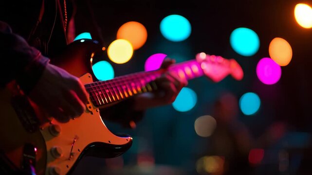 Guitarist Performing Under Neon Lights
