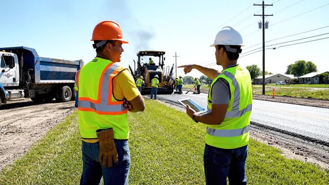 Construction workers discussing project details on a road construction site with heavy machinery in the background viewed from behind