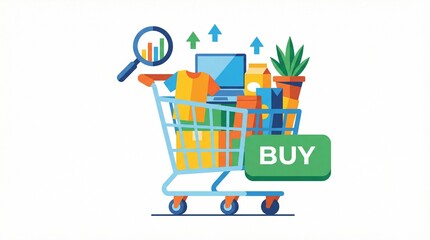 Online shopping and e-commerce concept illustration with a shopping cart filled with various products and a 'BUY' button. Features a laptop, clothing, packaged goods, and a potted plant