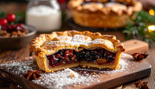 Holiday mince pie with sugar dusting on wooden board for a festive table setting warm tones and cozy scene.