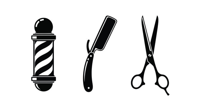 Barber tools including a pole straight razor and scissors silhouette