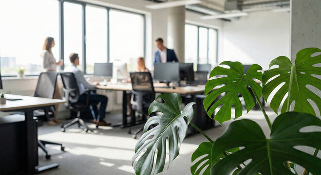 Office workers collaborating in modern workspace with green plant natural light and blurred background