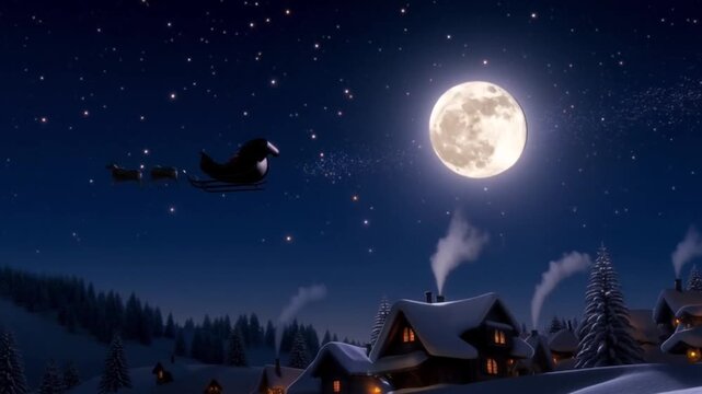 Santa&rsquo;s sleigh flying across the moon