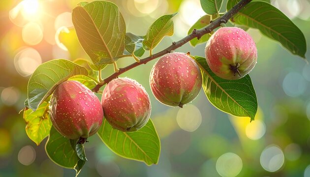Guava fruit tree branch with pink guava fruits and green leaves natural sunlight and healthy harvest wellness concept.