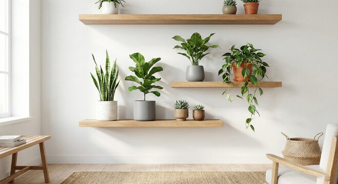 Indoor plants on wooden shelves in a bright room with white walls and a chair