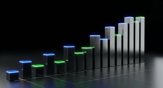 3d bar chart with blue and green illuminated tops rising upwards on a dark background with reflections