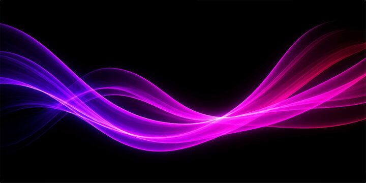 Dynamic abstract purple smoke and flowing wave lines create a bright fractal wallpaper design with blue motion curves and pink energy patterns on a dark black art backdrop