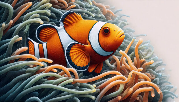A clownfish in an anemone ink drawing art print, Ai generated image