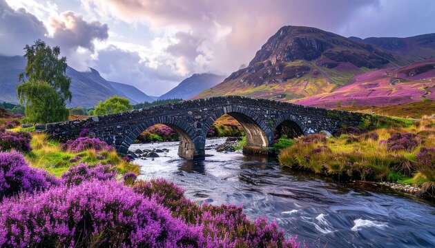 Old Stone Bridge Spanning River in Scottish Highlands with Heather and Mountains at Glencoe Scotland UK.