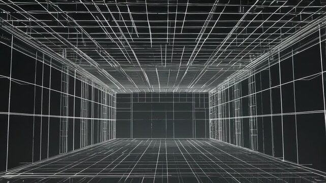 Wireframe interior of an empty, dark room with grid lines creating a sense of depth and structure