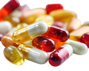 Pills and capsules or group of vitamin supplement pills or drugs for treatment on white background
