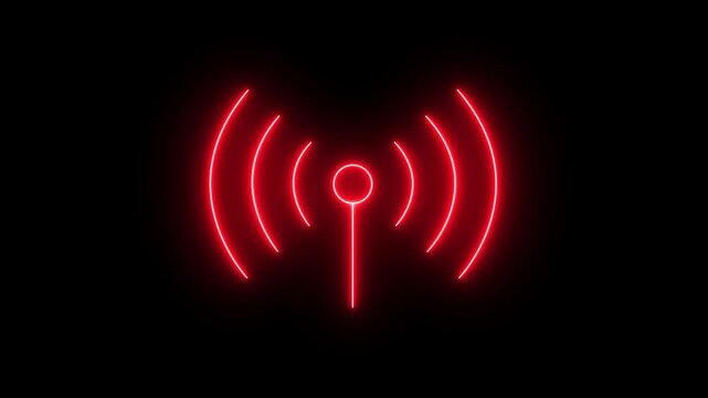 glowing neon antenna signal icon isolated on black background. antenna with radio waves. wireless signal and network, Wifi internet, broadcast signal and telecom tower, cellular communication.