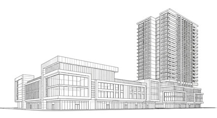 Fototapeta premium Detailed architectural line drawing of a modern high-rise building complex with commercial and residential sections.