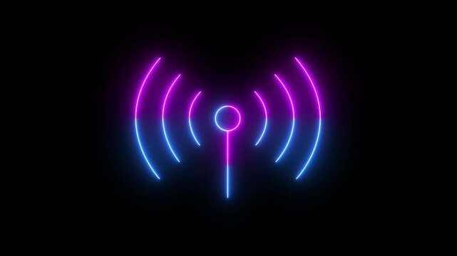 glowing neon antenna signal icon isolated on black background. antenna with radio waves. wireless signal and network, Wifi internet, broadcast signal and telecom tower, cellular communication.