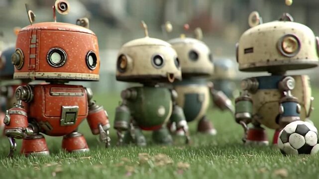 Retro robot team playing soccer on grass with vintage aesthetic and futuristic toys