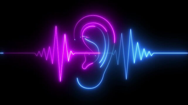 Glowing neon Ear Sound Wave icon isolated on Black Background. Ear With Sound Wave icon animation. Abstract Technology Concept Healthcare Medical Audiology Hearing Health. 4k video animation.