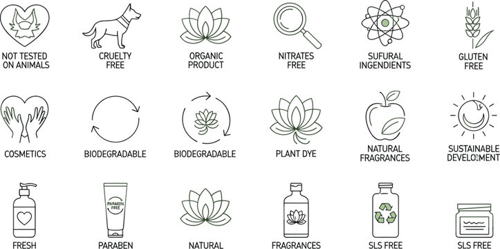 Natural Cosmetic and Organic Product Line Icons Set with Cruelty Free, Paraben Free and Biodegradable Labels Vector Illustration