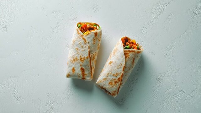 Two burritos wrapped in tortillas with filling on a plain background