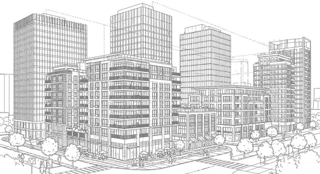 Detailed architectural line drawing illustrating a modern urban cityscape with multiple high-rise buildings and street-level structures.
