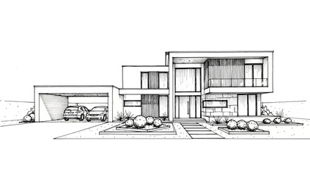 Architectural sketch of a modern minimalist house with a carport and landscaping.