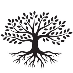 Obraz premium Tree silhouette with roots and leaves on white background black tree icon with branches and leafy canopy