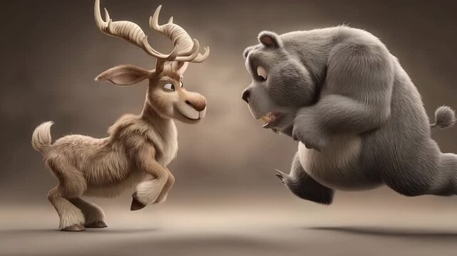 Playful standoff between cartoon reindeer and chubby gray bear in a whimsical scene indoor environment dramatic perspective