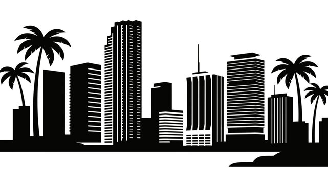 Miami Cityscape Silhouette with Palm Trees.