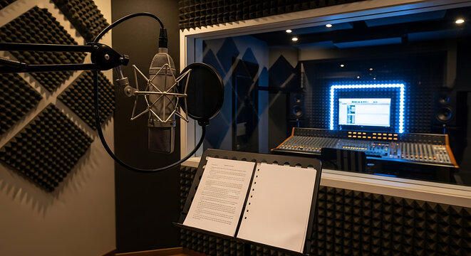 Professional voice over recording studio booth with microphone and pop filter