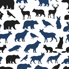 Obraz premium Seamless Pattern of Wild Animal Silhouettes in Blue and Black.