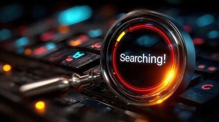 Magnifying glass on keyboard with Searching! text for online search concept