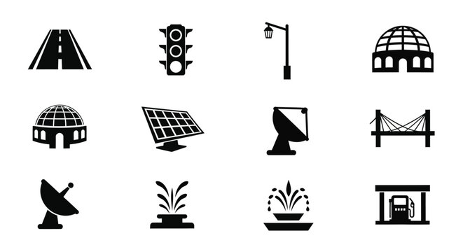Black icons depicting urban infrastructure in stark silhouette