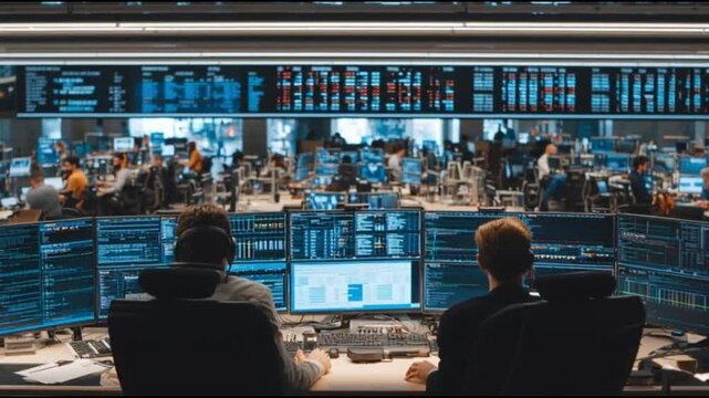 Two programmers working diligently in modern office with multiple screens